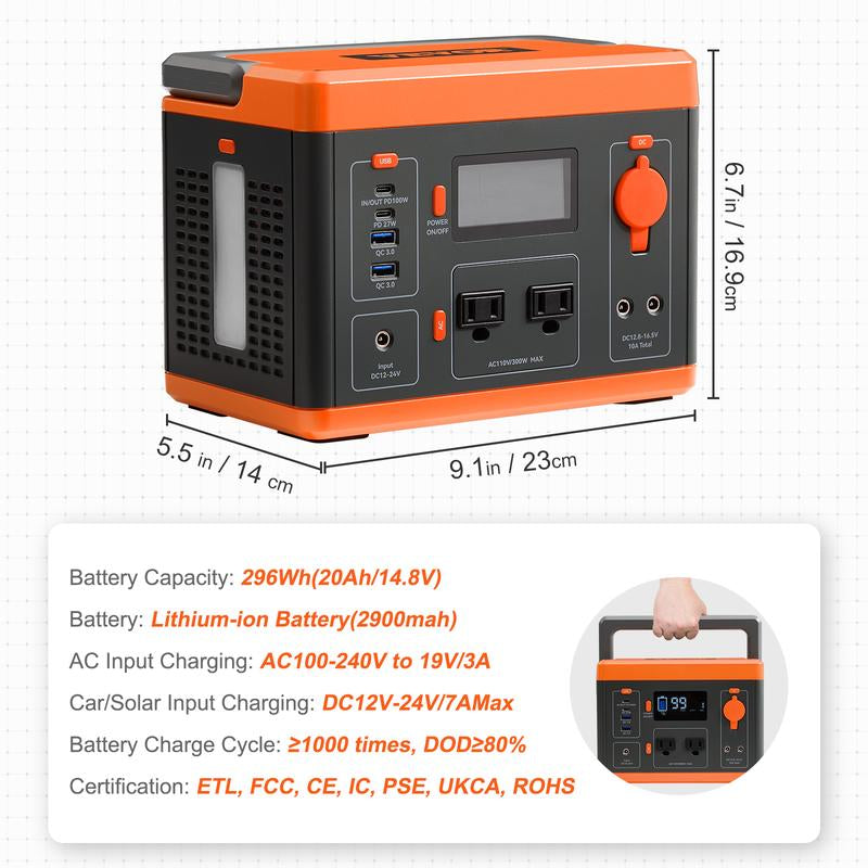 VEVOR Portable Power Station, 296Wh, Backup Lithium-Ion Battery Solar Powered Generator, 300W(Peak Power 600W) Pure Sine Wave AC Outlet, USB QC3.0 LED Light, for Outdoors Camping Travel Home Emergency