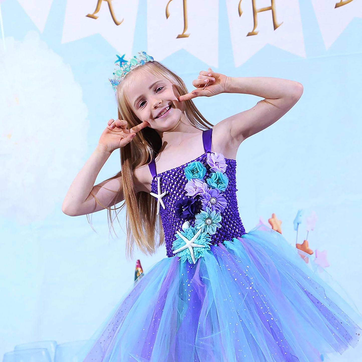 Mermaid Crown for Women Girls Mermaid Princess Blue Starfish Tiara Seashell Crown Mermaid Party Mermaid Birthday Decorations, Mermaid Accessories Costumes for Women