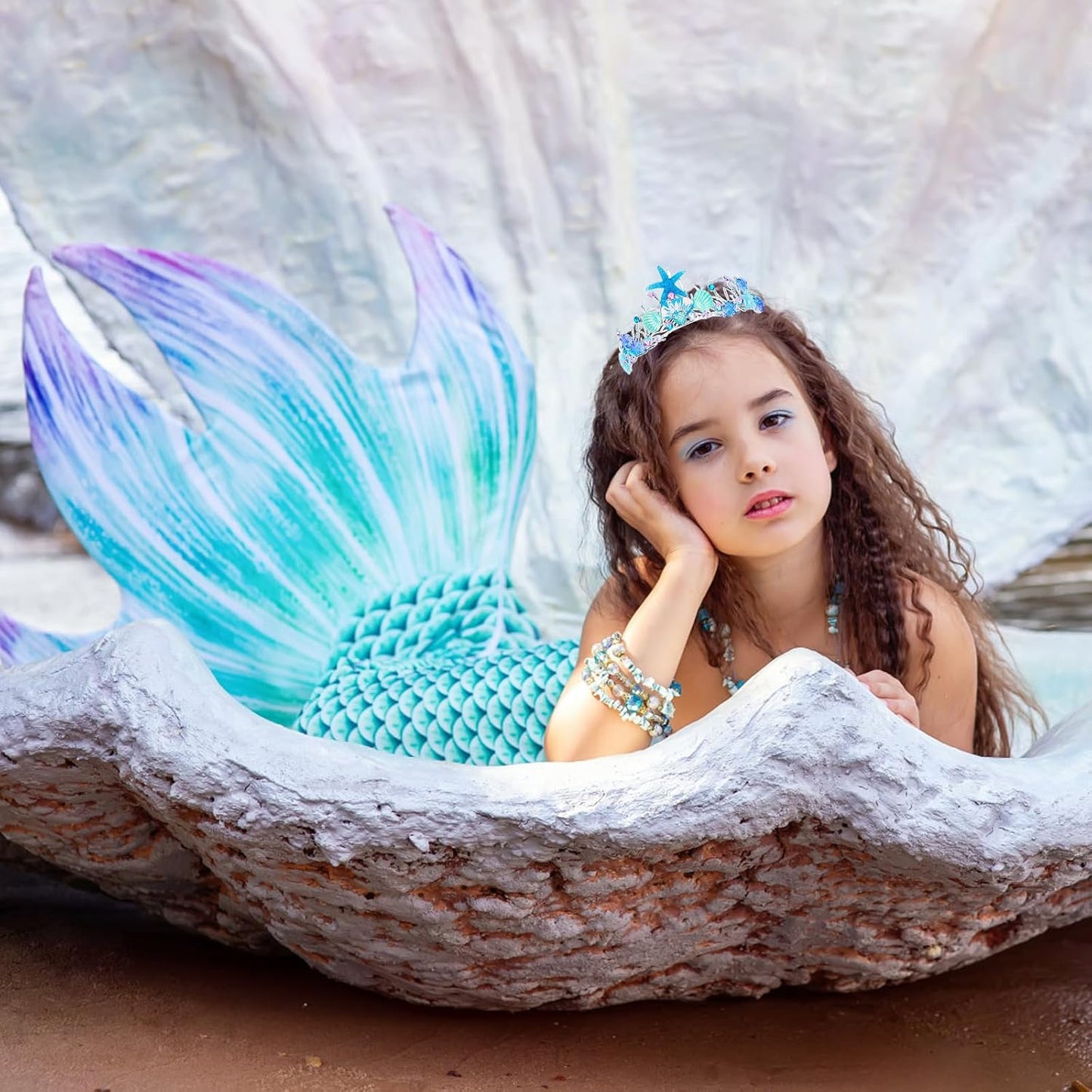 Mermaid Crown for Women Girls Mermaid Princess Blue Starfish Tiara Seashell Crown Mermaid Party Mermaid Birthday Decorations, Mermaid Accessories Costumes for Women