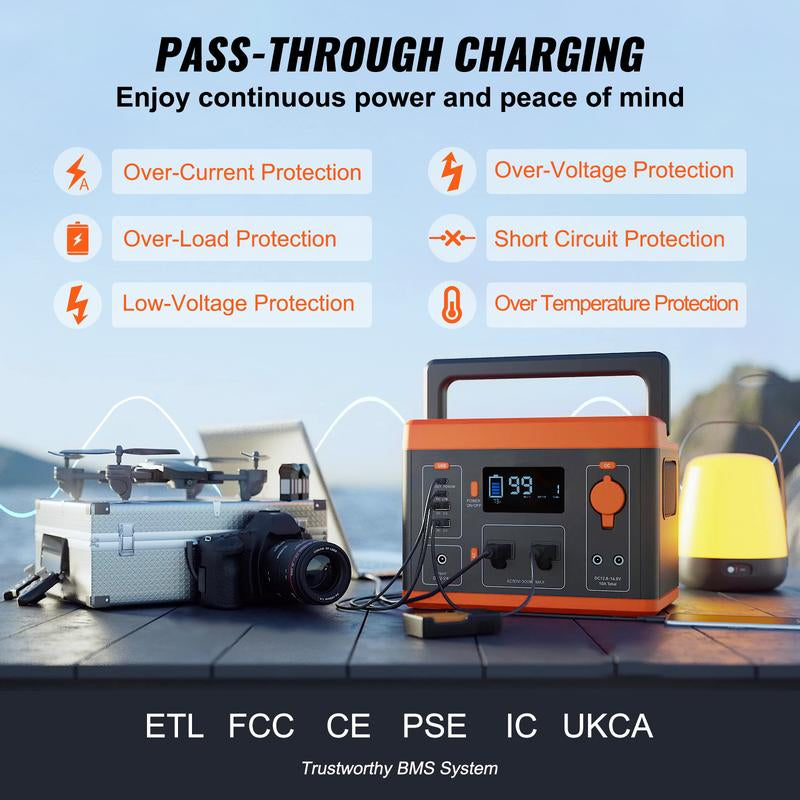 VEVOR Portable Power Station, 296Wh, Backup Lithium-Ion Battery Solar Powered Generator, 300W(Peak Power 600W) Pure Sine Wave AC Outlet, USB QC3.0 LED Light, for Outdoors Camping Travel Home Emergency