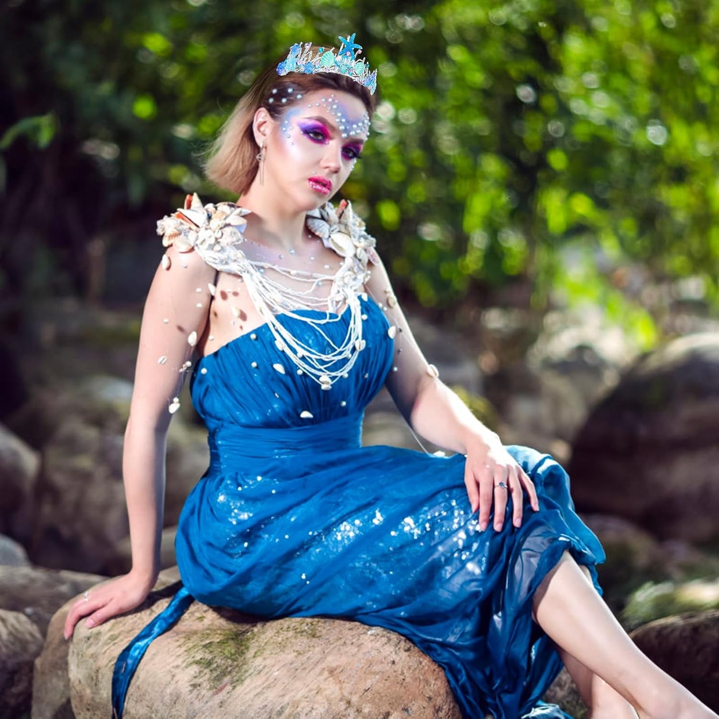 Mermaid Crown for Women Girls Mermaid Princess Blue Starfish Tiara Seashell Crown Mermaid Party Mermaid Birthday Decorations, Mermaid Accessories Costumes for Women