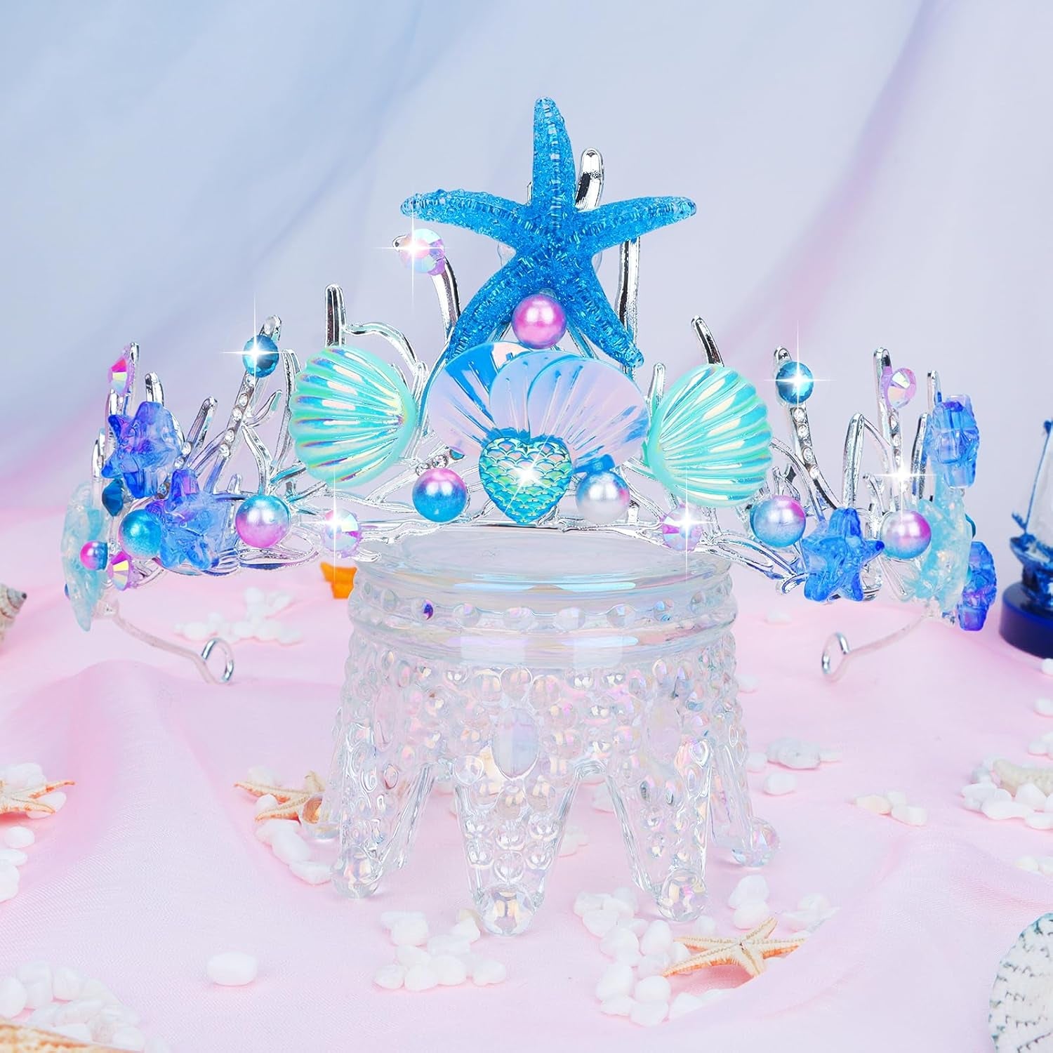 Mermaid Crown for Women Girls Mermaid Princess Blue Starfish Tiara Seashell Crown Mermaid Party Mermaid Birthday Decorations, Mermaid Accessories Costumes for Women